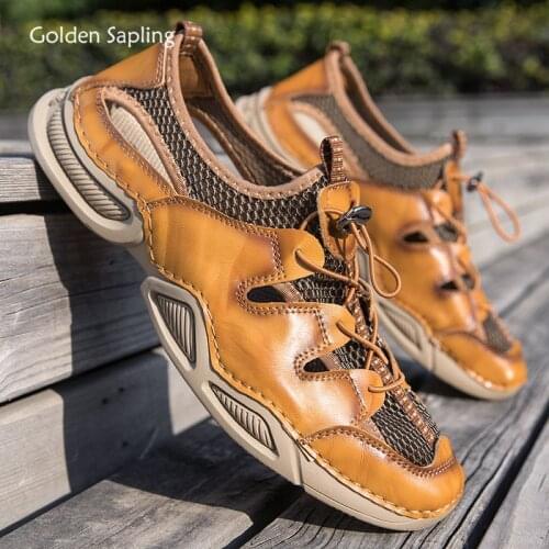 Golden Sapling Retro Loafers Breathable Summer Casual Shoes Men Fashion Genuine Leather Mesh Mens Leisure Loafers Outdoor Shoes
