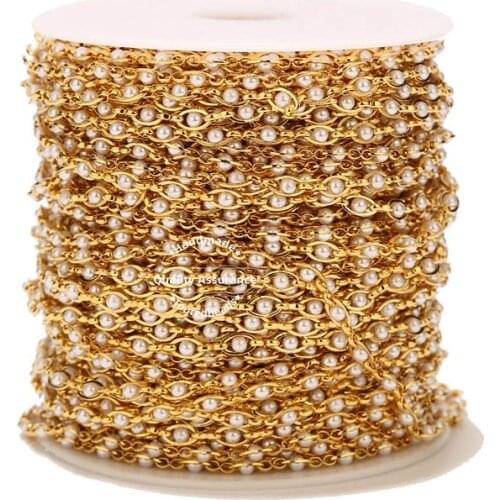 1M Gold Plated Raw Brass Fake Pearl Beaded Chains for DIY Women Anklet Bracelet Necklaces Jewelry Making Supplies 4mm