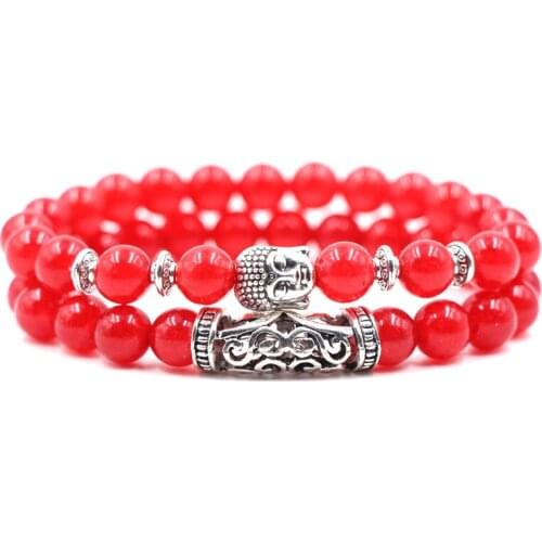 8mm Natural Red Transparent Natural Gem Beads Bracelet Bangle Alloy Owl Elbow Fashion Couples Bracelets Jewelry 2/Set