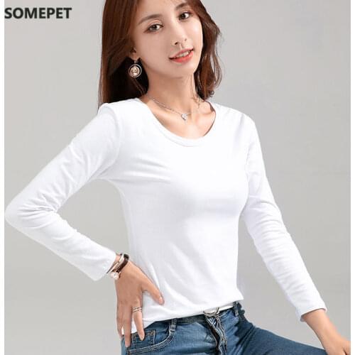 2021 Brand New Womens T-shirt Slim Cotton 100% Women T-shirt Long-sleeved for Female Thin White Pure Tops Woman T shirt
