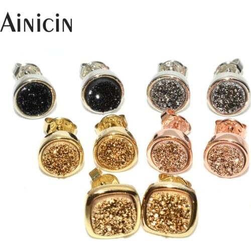 5pairs Silver Rose Gold Plating Shine Drusy Crystal Stud Earrings For Fashion Women and Men Jewelry