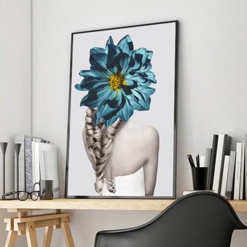 Abstract Wall Art Pictures Fashion Woman Blue Floral back Black Modern Home Canvas Living room Painting Beauty Decor Posters