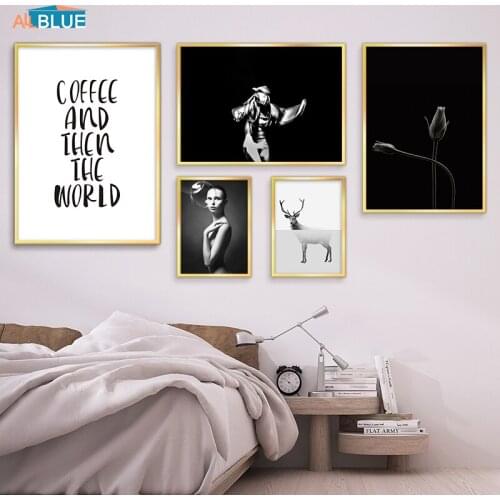 Abstract Nordic Posters Black And White Canvas Prints Flowers Deer Women Wall Art Canvas Painting Wall Pictures For Living Room