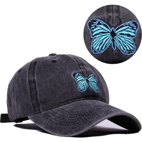 Mens Baseball Cap Womens Summer Caps Snapback Cap Blue Butterfly Embroidery Cotton Retro Washed Denim Cap Male Beach Headdress