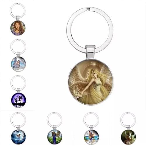 Angels Wings Fairy Glass Cabochon Keychain Angels Charm Keychain Magic Wand Key Chain Star Stick Jewelry For Men Women Gift