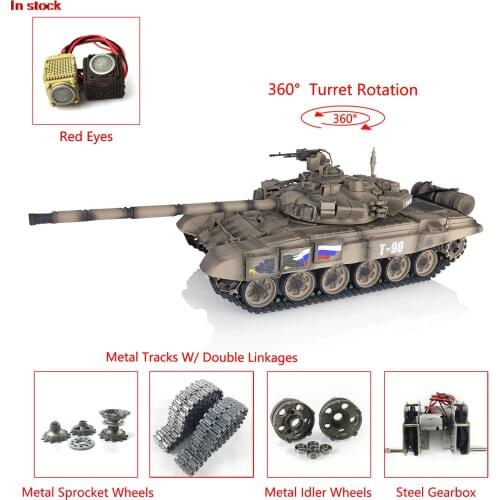 Children Gift 1/16 Heng Long Yellow 7.0 Russia T90 RTR RC Tank 3938 W/ 360° Turret Red Eyes TH17867-SMT4