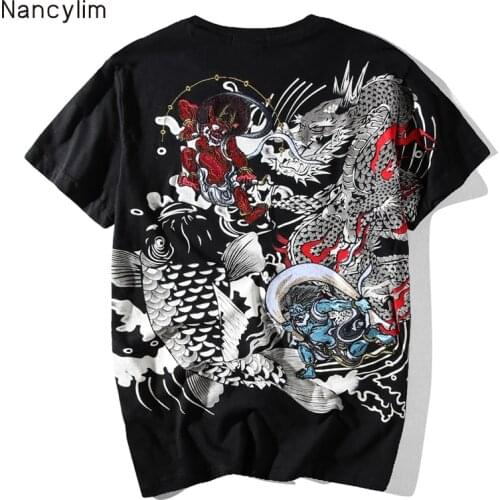 Japanese Retro Embroidery Prajna Tattoo Short Sleeve T-shirt Man Summer Brand T Shirts Mens Loose Tops All-match Shirts Male