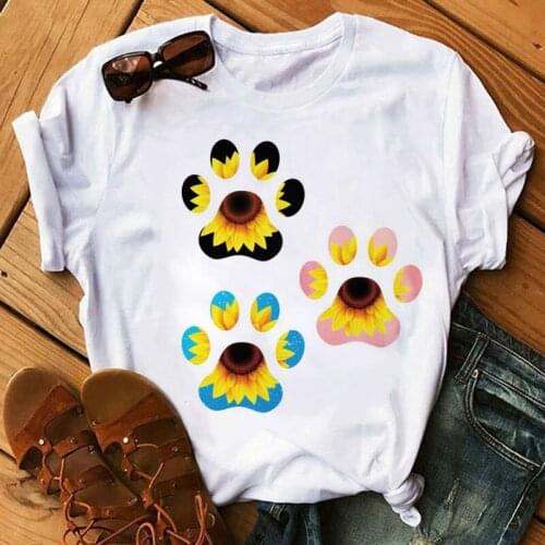 Women T Shirt Sunflower Dog Paw Print Tops Female Casual Short Sleeve Tee Shirts Women Summer 90s Girls Cute Graphic T-shirt