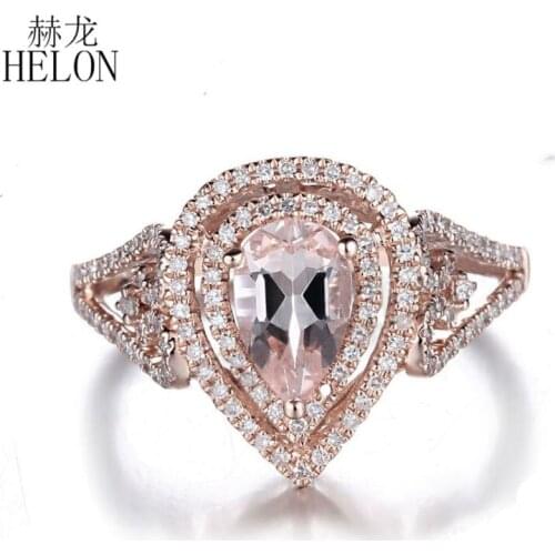 HELON Solid 10K Rose Gold Flawless Pear 6x8mm Genuine Morganite & Diamonds Engagement Ring Women Birthday Fine Jewelry Best Gift