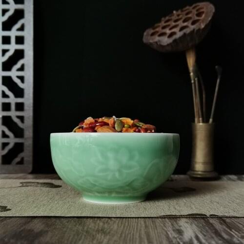 Chinese Cereal Bowl Porcelain Rice Bowl for Salad 12oz Celadons Tableware Engraved Lotus Ceramic Microwave and Dishwasher Safe