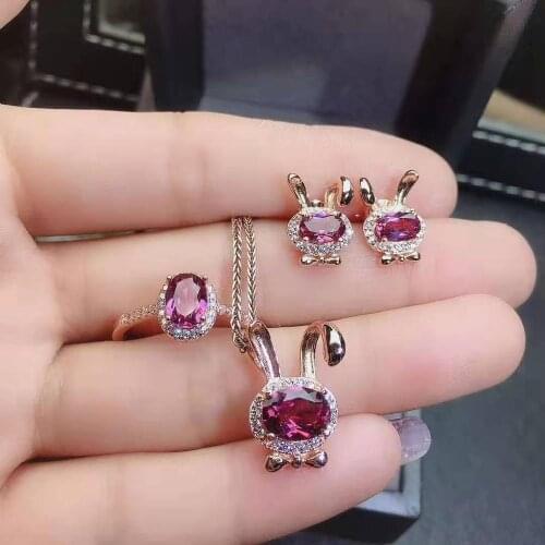 Natural Garnet S925 Sterling Silver Ring Earring Pendant Necklace lovely rabbit simple elegant suitable for women
