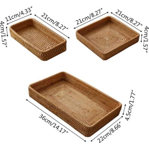 Rattan Storage Basket Rectangular Wicker Hand Woven Fruit Candy Bread Organizer 94PF