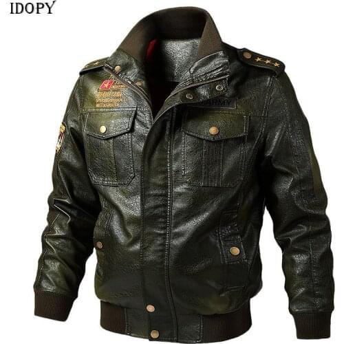 Idopy Leather Jacket Men Embroidery Military Faux Leather Bomber Jacket Pilot Coat Army Tactical Motorcycle Jackets
