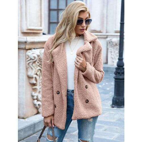 Womens winter new style V-neck solid color with buttons and pockets casual and comfortable loose bubble fleece jacket