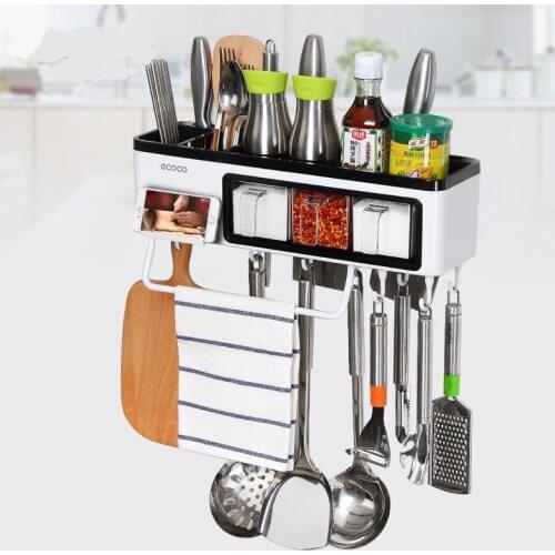 Simple Nail free Hole Multifunctional Wall-mounted Kitchen Shelf Knife And Kitchenware Supplies Storage Box Seasoning Spices