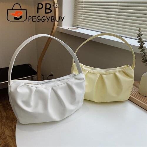 Fashion Pleated Design PU Leather Shoulder Underarm Womens Bag Portable Street Travel Solid Color Zipper Cloud Handbags