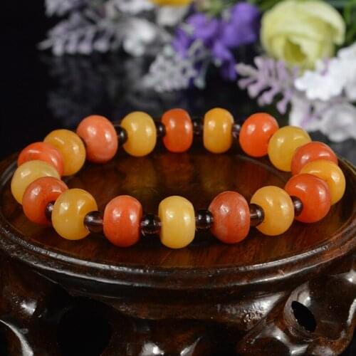 New Gold Silk Jade Hand String Beaded Bracelet Natural Solid Color Gold Silk Jade Trumpet Abacus Bead Garnet Bracelet