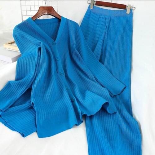 Office Ladies Single Breasted v-neck knitted Cardigan Sweater+pants Suit spring Autumn Knitted 2 Piece Set