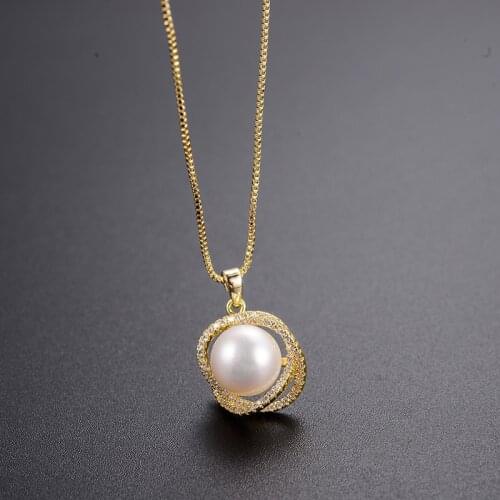 Dorado Gold Color Chain Simulated Pearl Circle Pendant Collar High Quality Shiny Zircon Necklace For Women Girl Fashion Jewelry