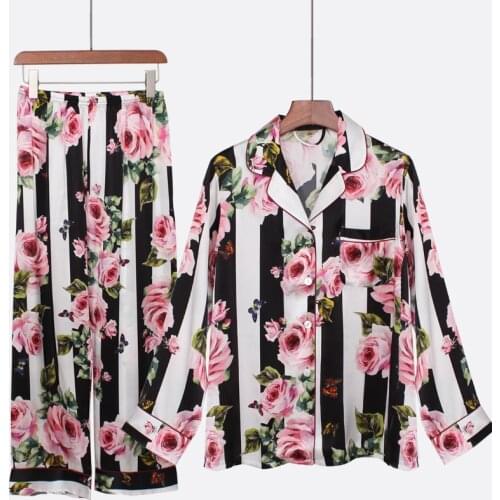 19MM Mulberry 100% Silk Pajamas For Women Suit Flowers PJ Long Sleeve Printed Floral Two-piece Rose Printed Pajamas