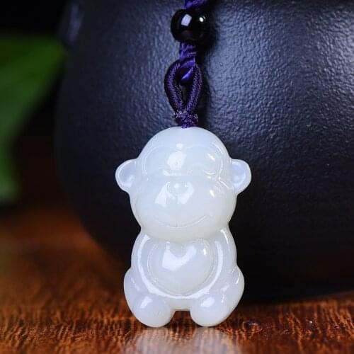 Natural hetian white jade handcarved zodiac Monkey pendant simple retro pendant temperament jewellery fashion for woman men