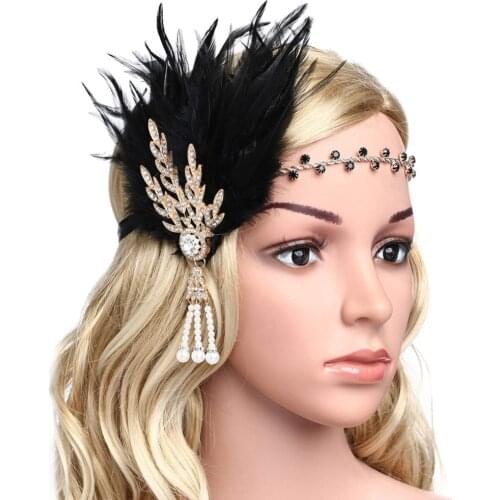 Art Deco 1920s Flapper Great Gatsby Inspired Leaf Medallion Pearl Headband Black Feather (Gold and Black Feather)