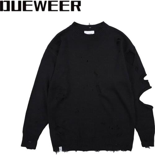 Dueweer Pullovers Sweaters High Street Ripped Men Streetwear Black Hip Hop Long Sleeve Pullover Oversized Sweater
