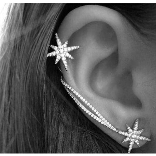 AAA Luxury Full Pave Flash Rhinestone Snowflake Asymmetric Earrings Cuff Clip Earrings for Women Fashion Jewelry