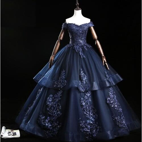 Vintage Navy Blue Beaded Lace Appliques Off Shoulder Quinceanera Dresses Girls Ball Gown Dresses Pink/Gold Plus Size Prom Gowns
