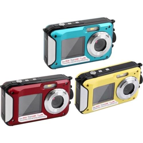 24MP Double Screens Waterproof Anti-shake Digital Camera (2.7+1.8 inch) Full HD 1080P 16x Zoom Camcorder DVR Blue/Red/Yellow