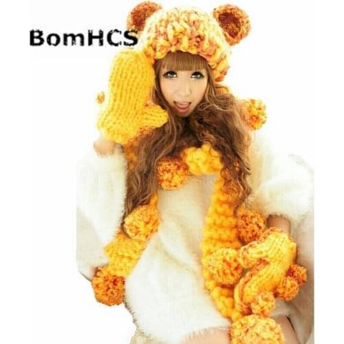 BomHCS Beanie+ Gloves+ Scarf 100% Handmade Knit Hat Neckerchief Mittens Cute Ears Soft Pompoms