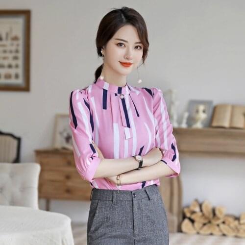 IZICFLY New Summer top Mujer Verano Formal Korean Style Women Shirt Pink Print Blouse Elegant Vetement Femme OL Office 4XL White