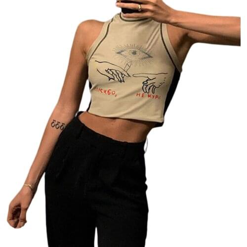 Hirigin Ladies Summer I-shaped Camisole Finger Eyes Letter Printing Half High Round Collar Sleeveless Strapless Tops Slim Vest