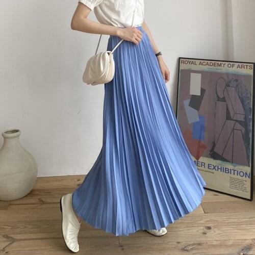 2021 Women Fashion Pleated Skirt 6 Colors Spring Summer Pink Bohemian A Line High Waist Korean Blue Long Skirts Clothing Female