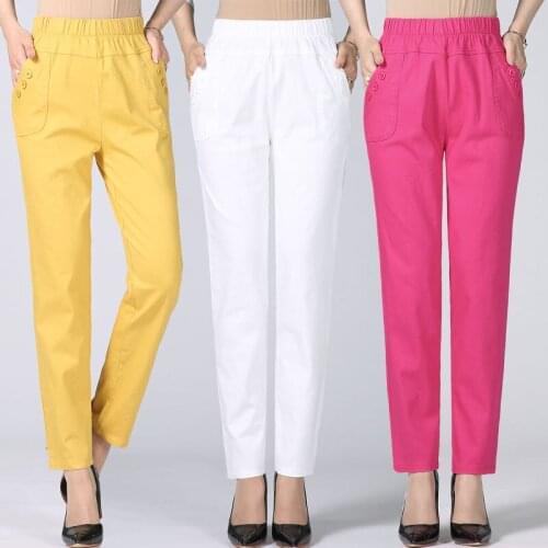 2021 Spring Summer Nine-Point Pants Women Elastic Waist Middle-Aged Elderly Straight Leg Trousers Female Add Cotton Casual Pants