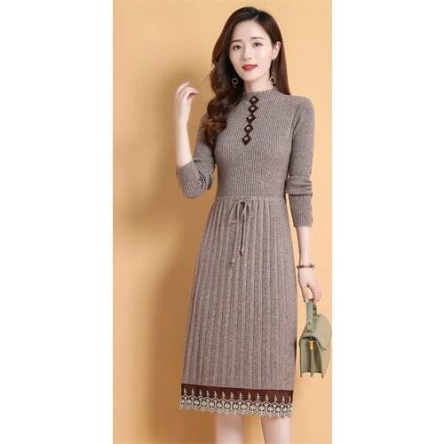 2020 Autumn Winter Women Knitted Dresses Lady Long Sleeve O-neck Pleated Dress Midi long Lace Dress Vestidos Bottomings WZ1223