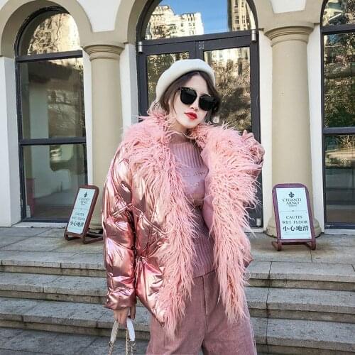 Womens Top Fashion Feathers Broadcloth Winter Jacket Glossy 2019 New Collar Woman Large Size