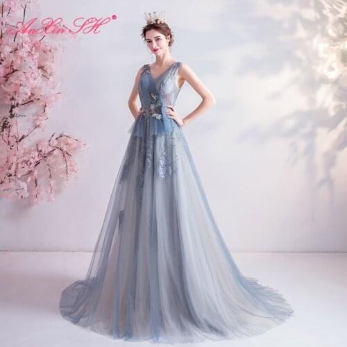 AnXin SH princess blue lace long luxury beading flower crystal spaghetti beach party illusion blue evening dress 2486