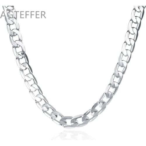 AGTEFFER 925 Sterling Silver 16/18/20/22/24 Inch 8mm Flat Sideways Chhain Necklace For Women Man Fashion Wedding Charm Jewelry