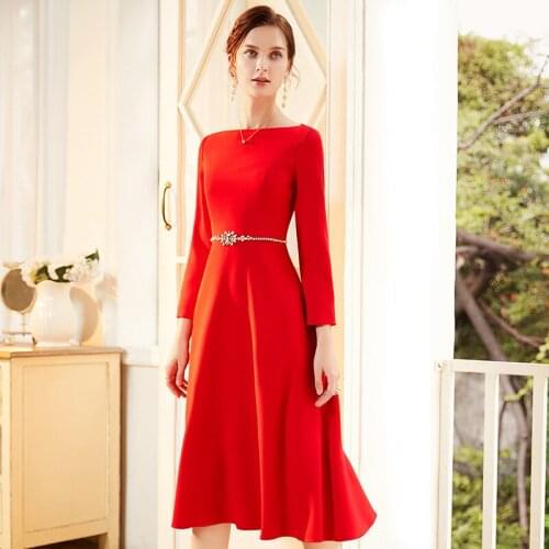 Women dress 2020 red and black spring new fashion long sleeve slash neck Dress solid office lady medium long A-line dress
