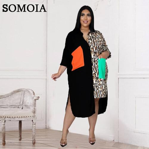 5XL Plus Size Women Clothing Casual Irregular Color Matching Loose Shirt Dress Lapel Leopard Print Dresses Streetwear Dress