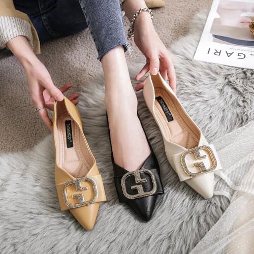 2021 Summer Women Flat Shoes Plus Size 33~43 Female Soft PU Leather Comfortable Bowtie Metal Buckle Slip On Pointed Toe Flats