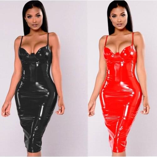4XL 5XL 6XL Plus Size Dress Sexy PVC Wet Look Leather Dresses Women Red Black Knee Length Zipper Club Dress
