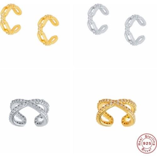 GS 925 Sterling Silver Plain Chain Ear Cuff Women Luxury Earcuff Lock Non Piercing Pave Zircon Clip Earrings Rock Punk Jewelry