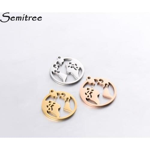 Semitree 5pcs Stainless Steel World Map Necklace Rose Gold Charms Pendant for DIY Jewelry Making Handmade Supplies Findings