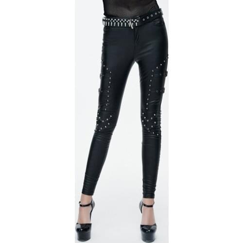 Devil Fashion Women Fashion PU Leather Trousers Steampunk Black Sexy Rivets Decorated Leggings Pants