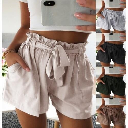 Elegant Sexy Women Summer Shorts Fashion Solid Pocket High Waist Shorts Female Tie Front Ruffle Waist Shorts Ladies Streetwear