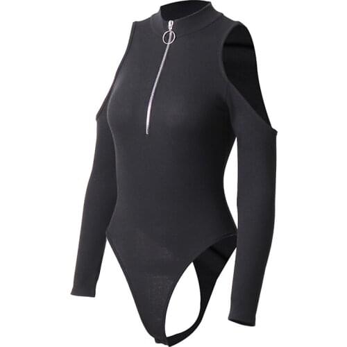 YSDNCHI Club Bodysuits Women Black Hollow Shoulder Long Sleeve Zipper Rompers Casual Jumpsuit Hot Sexy Bodysuit