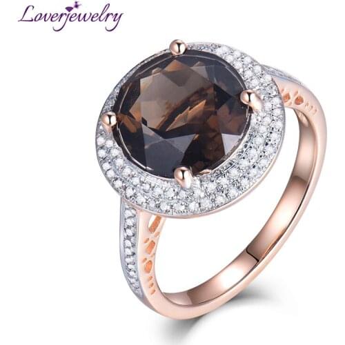 LOVERJEWELRY 4.66Ct Topaz Rings Solid 14kt Rose Gold Diamond Smoke Topaz Round 10x10mm Engagement Wedding Ring