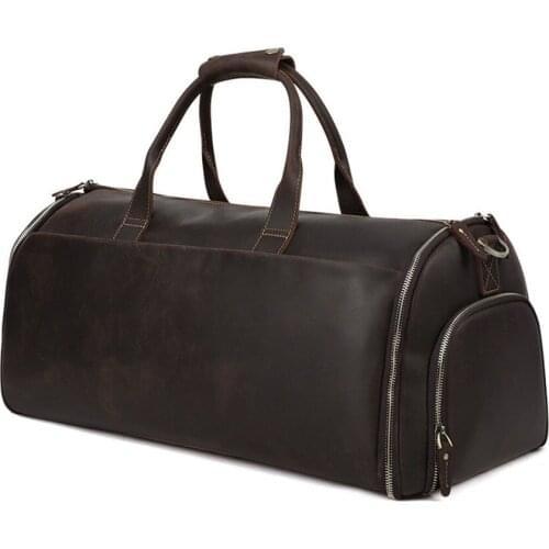 Crazy Horse Leather Luggage Bag Multifunctional Foldable Business Suit Storage Handbag Wet-Dry Zone Separated Fitness Bag F754